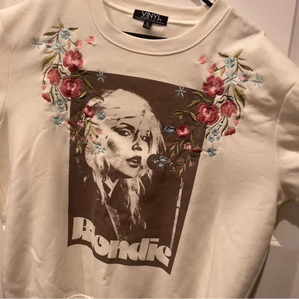 BLONDIE Classic Rock Crewneck Sweatshirt Floral Embroidery Vinyl Icons XL NEW - Picture 2 of 7